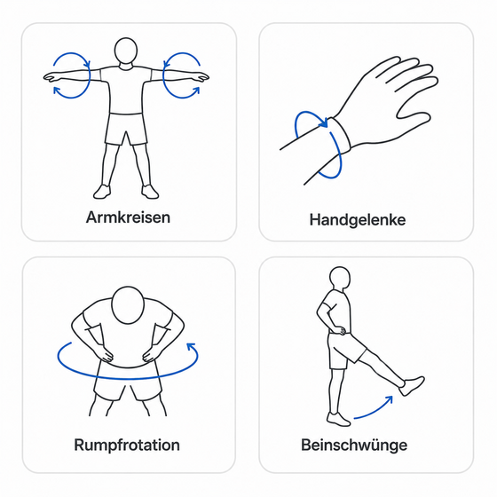 Vier kleine Illustrationen: Armkreisen, Handgelenke, Rumpfrotation, Beinschwünge
