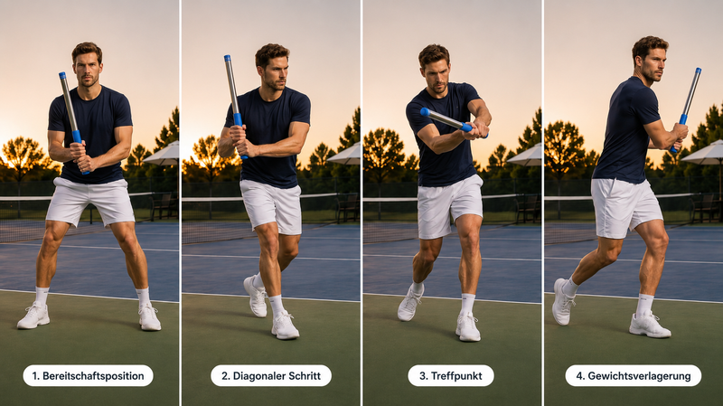 Vier Phasen des Volleys: Bereitschaftsposition, minimale Drehung, Punch nach vorne, Stopp