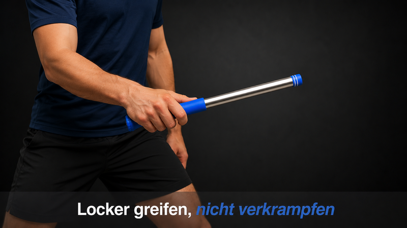 Hand hält den Swingo, lockerer Griff, seitliche Ansicht